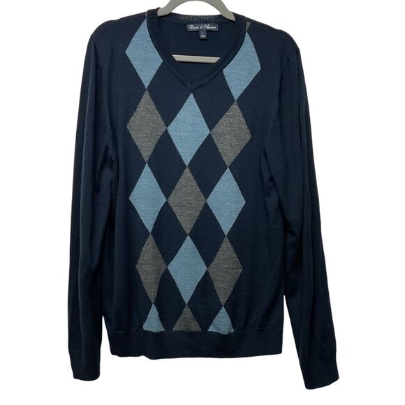 Davis & Squire Merino Wool Argyle V-Neck Men's Sweater Blue Grey Size L‎ Preppy - Picture 1 of 12